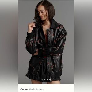 Anthropologie Maeve Faux Leather Floral-Embroidered Bomber Jacket